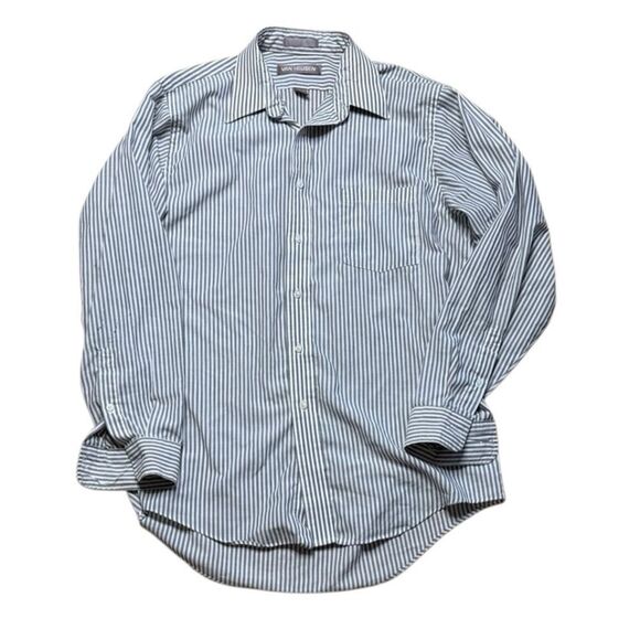 80s Vintage Van Heusen Grey and White Striped Button Down Shirt 16 34/35 - Picture 1 of 7